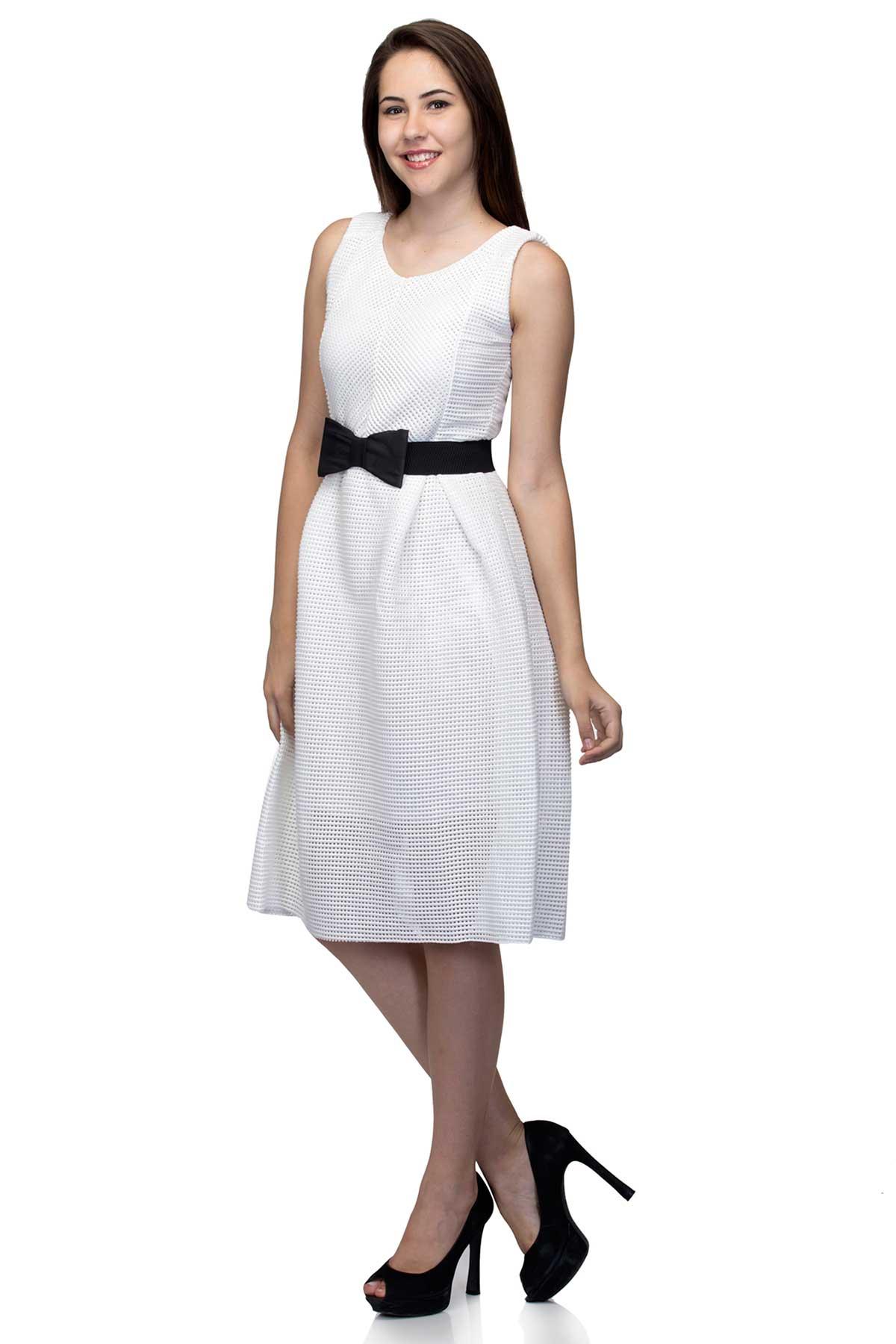 white dress with black belt White Black Fit & Flare Belt Midi Dress