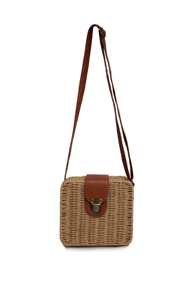 Khaki Jute Cross Body Bag by RIB for rent online FLYROBE