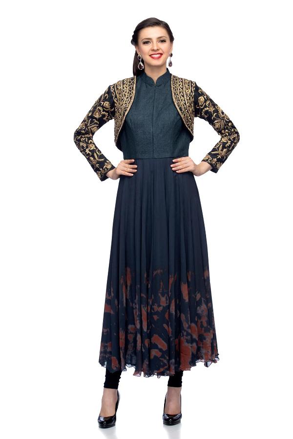 Black and Gold Indo Western Kurta Set by Arnab Sengupta for rent online ...