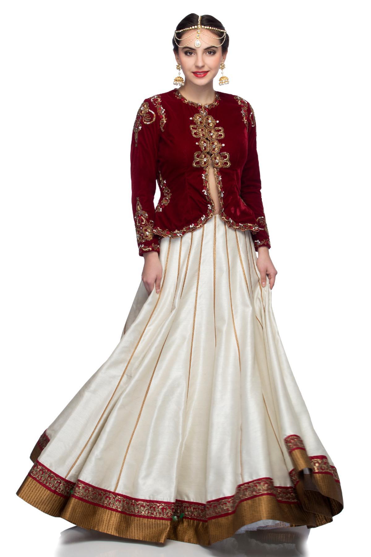 Maroon, Cream Beige Cream Skirt with Maroon Velvet Embroidered