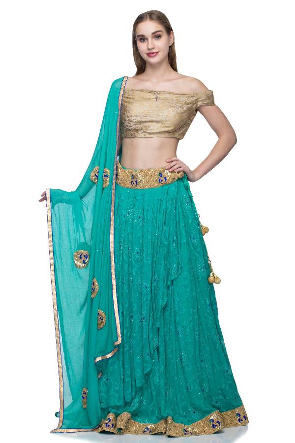 Green & Golden Green Layered Lehenga by ONRAA for rent online | FLYROBE