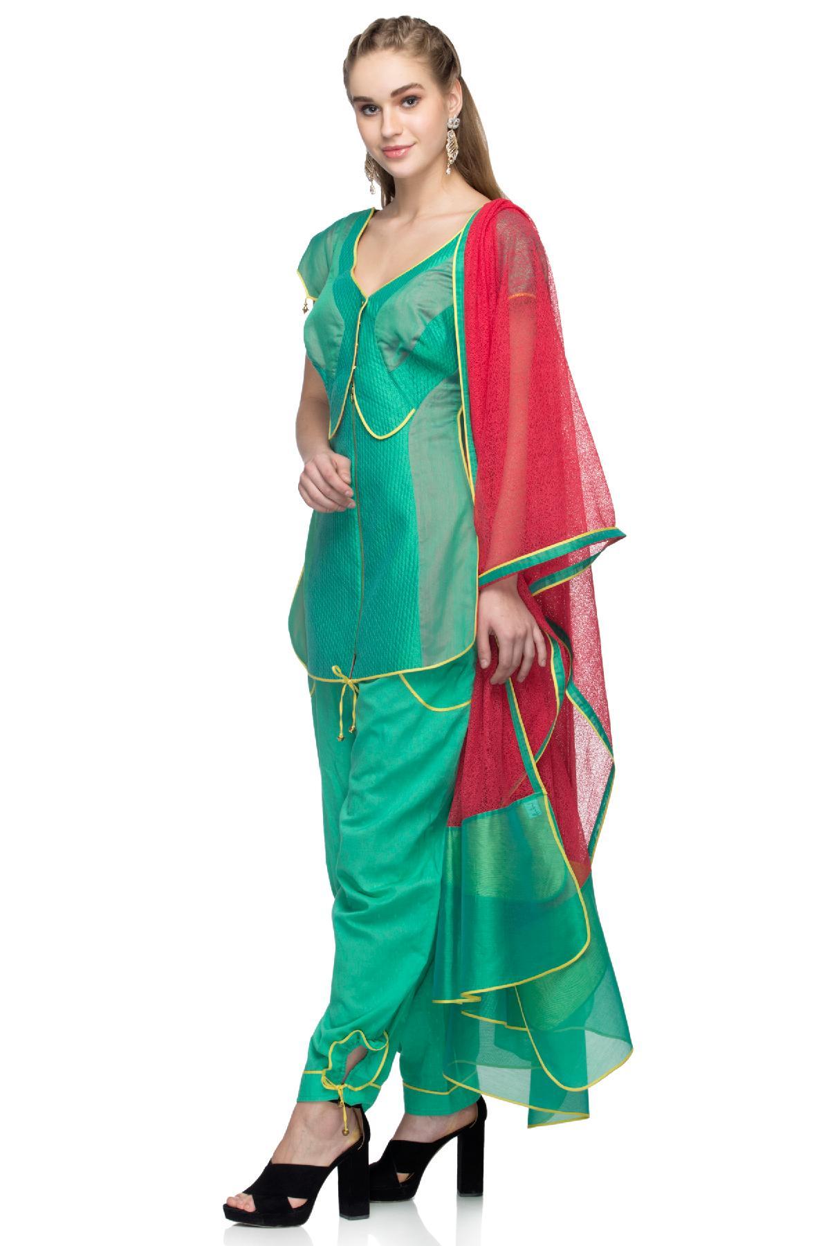 Sea Green, Red Yellow Indo Western Kurta Set by NU MEITEI for