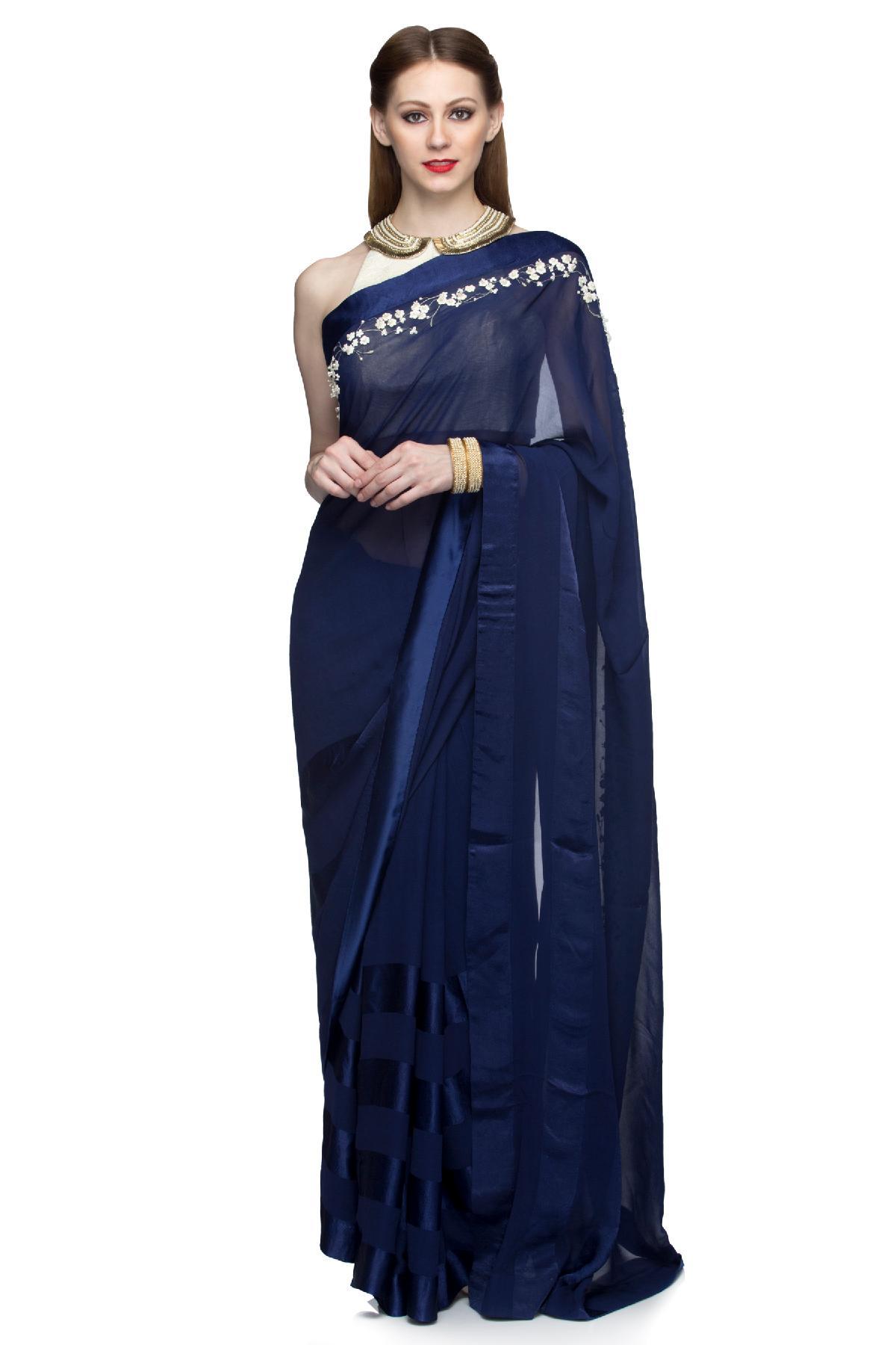 Blue Floral Chanderi Organza Silk Saree