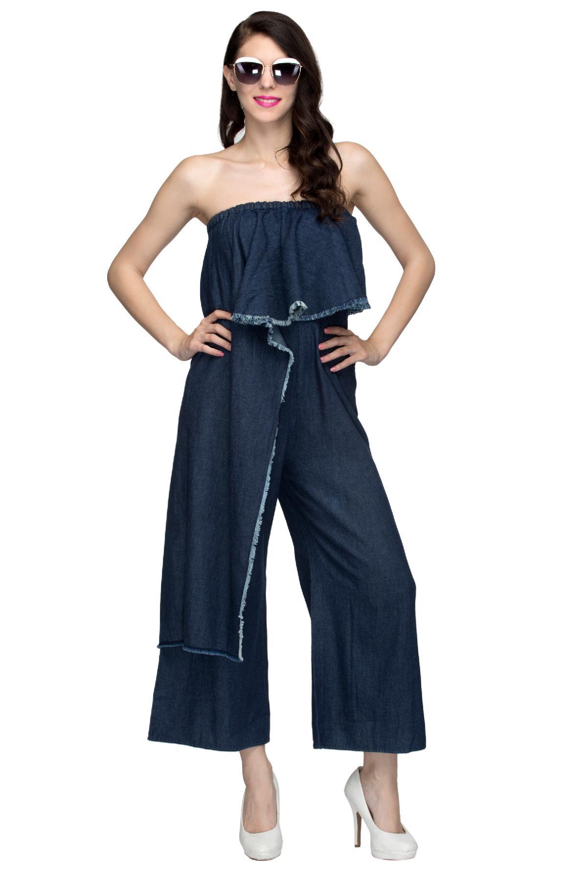 Buy 80s Cool Denim Jumpsuit Dress With Ruffled Floral Skirt and Buttoned  Bust Online in India - Etsy