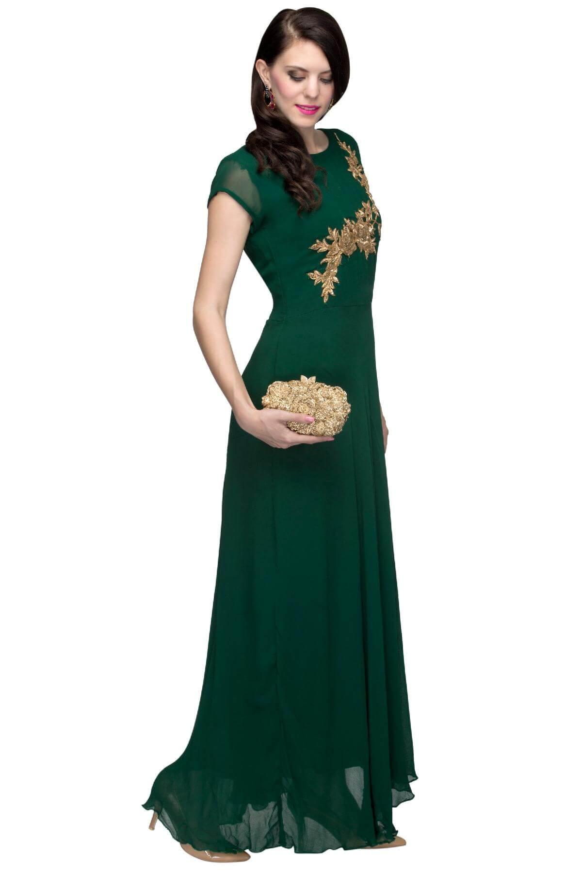 bottle green ethnic dress Green Patchwork Gown by EEDHA By Heena and Vasudha for rent online Product ID:AP1E211045_AD298_M