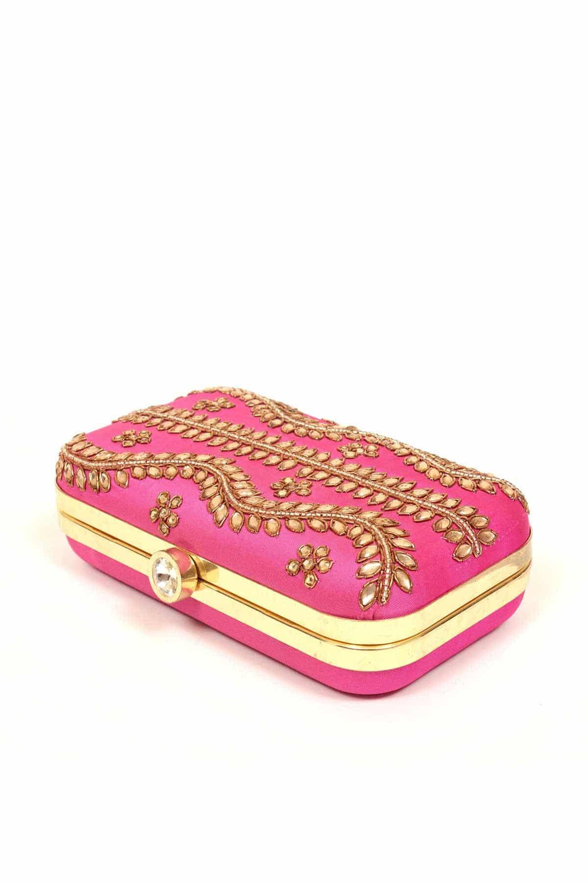 Pink and Gold Pink Kundan Clutch by Ethnic Crafts for rent online