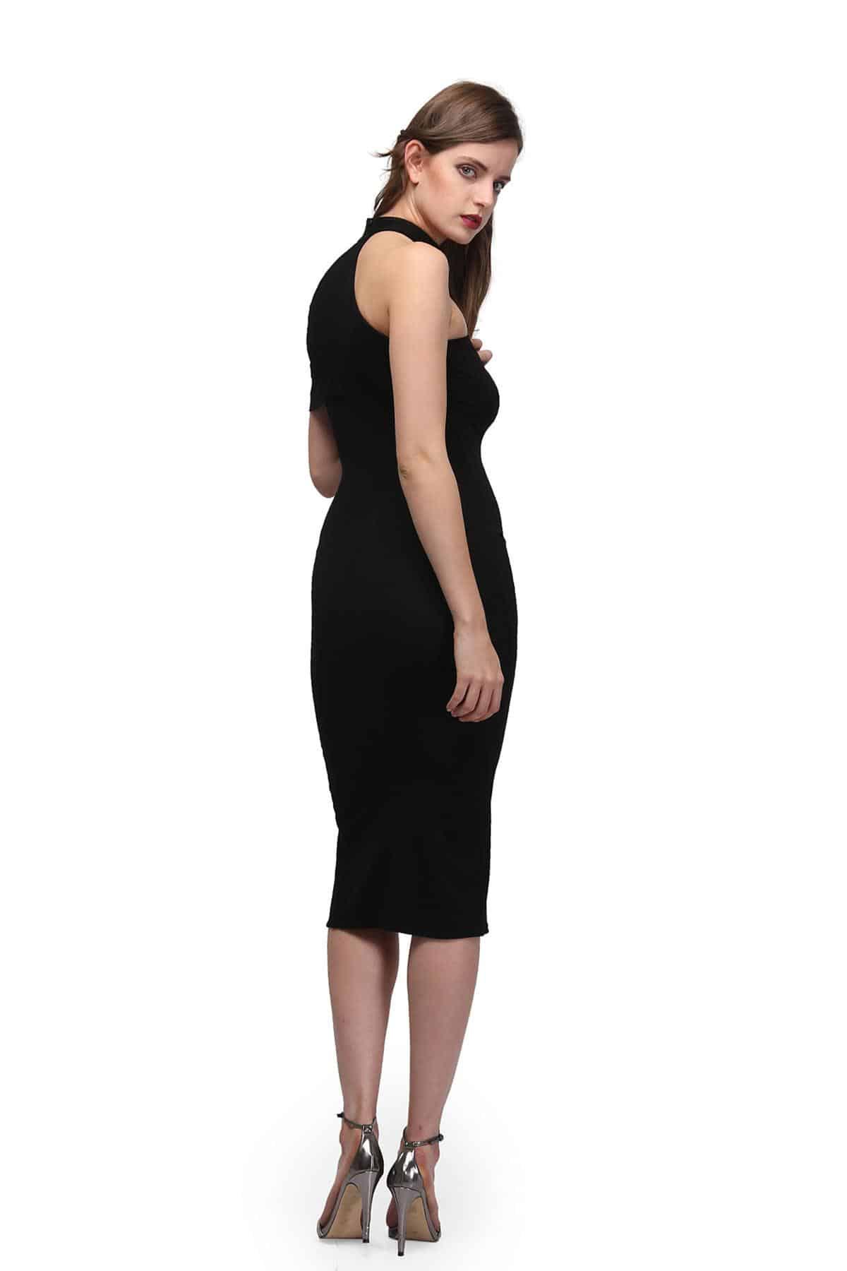 knee length dresses for ladies Zoe V Neck Choker Midi Dress, Black – Ruby 67 Boutique main image 0