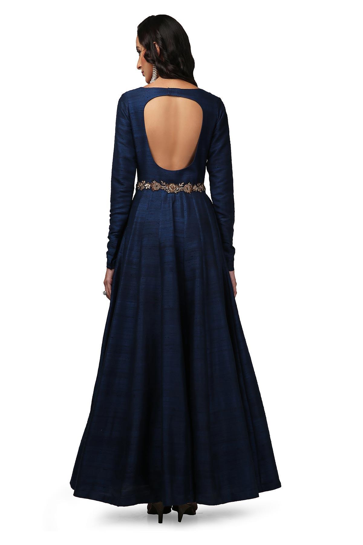 Navy Blue and Gold Blue Gown with Gold Belt by Sudeshna Verma for
