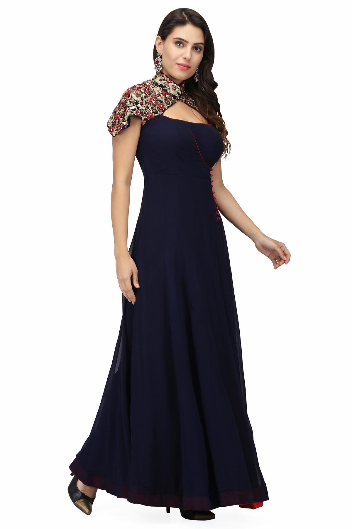 Ink Blue Embroidered Shrug Anarkali by Niaj for rent online FLYROBE