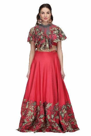 Khalom | Rose Corset Cape Lehenga Set | INDIASPOPUP.COM