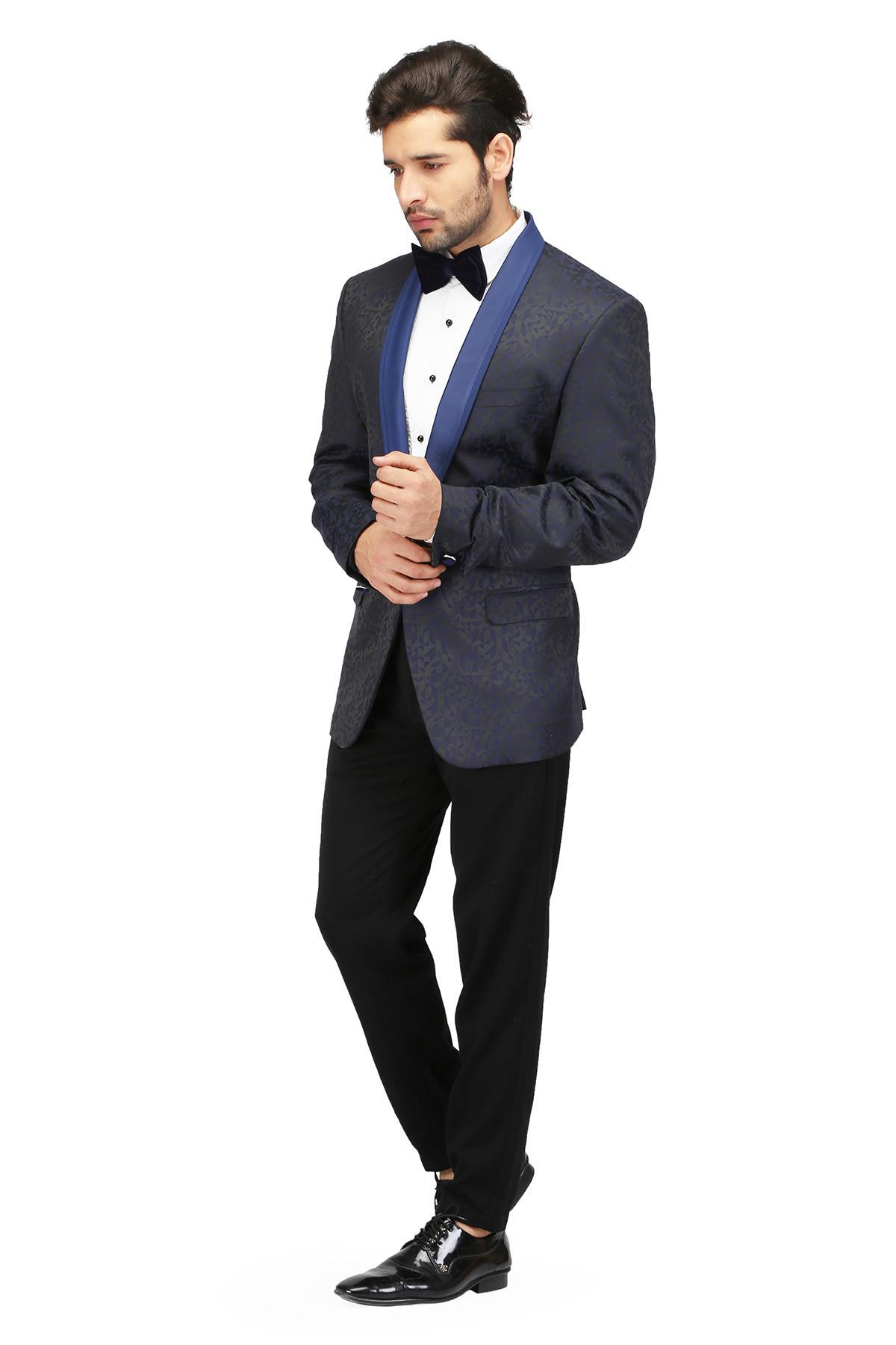 Blue Shawl Collar Tuxedo Jacket by Nitin Singh for rent online FLYROBE