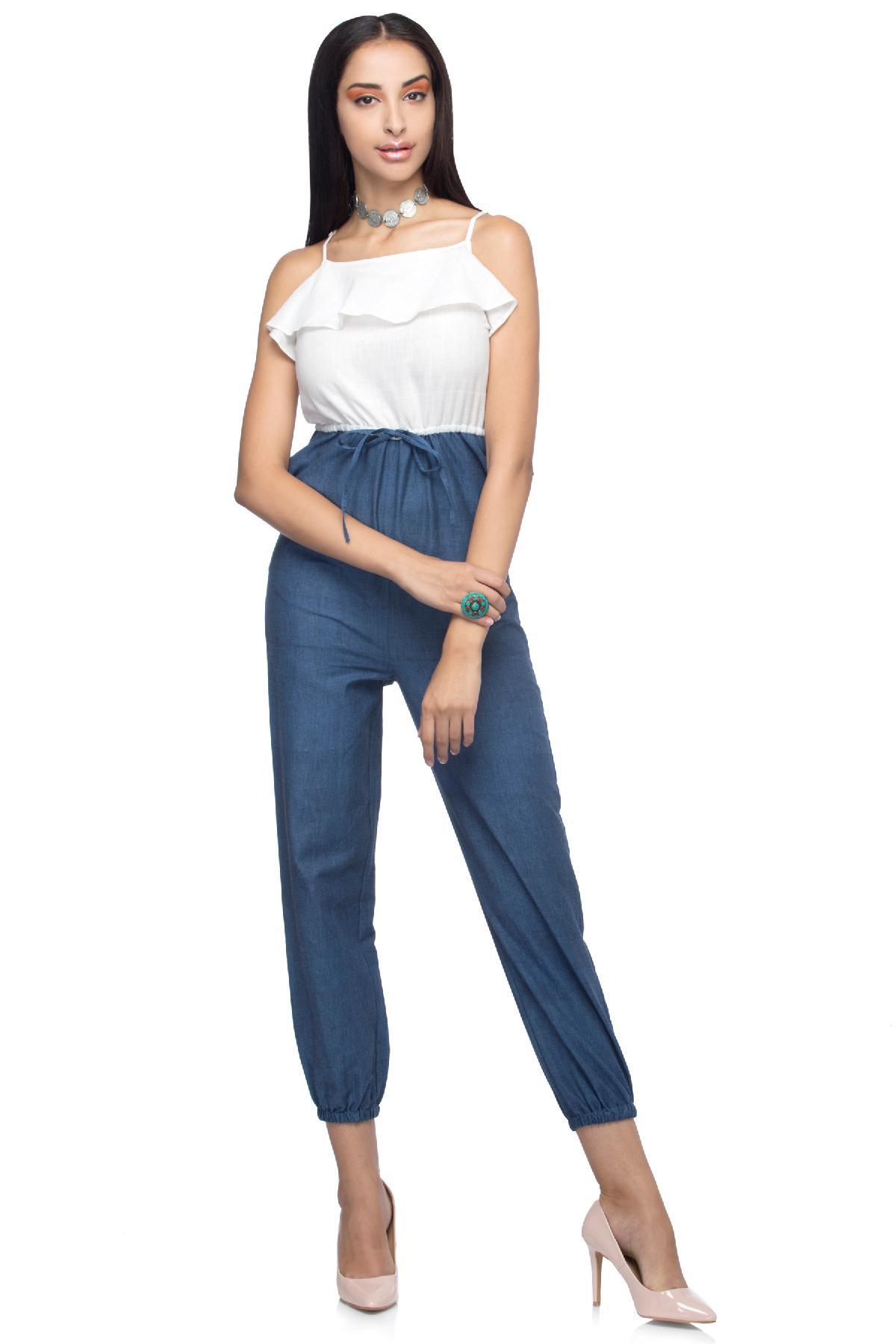 White hot sale blue jumpsuit