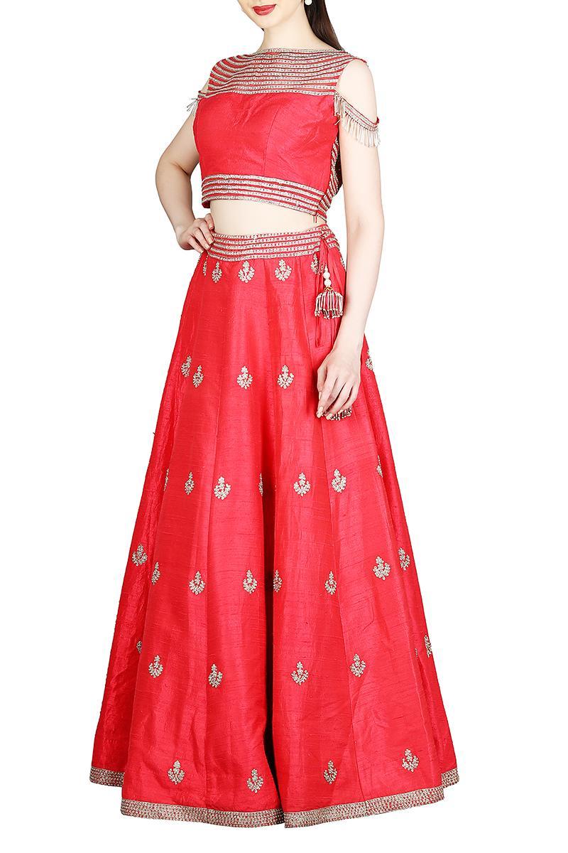 Embroidered Organza Crop Top Skirt Set in Old Rose : TXK21