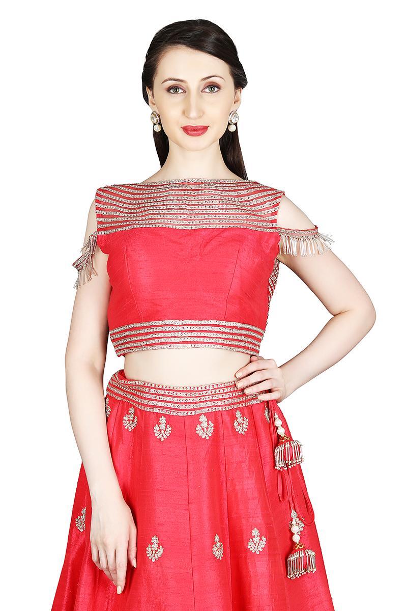 Buy online Cold Shoulder Blouse With Flared Tassels Lehenga from ethnic  wear for Women by Brijraj for ₹7179 at 48% off | 2024 Limeroad.com