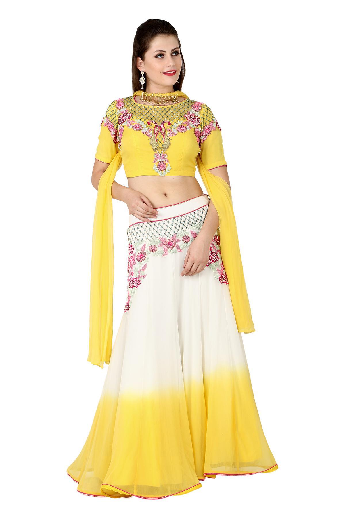 Glowing White-Yellow Colored Party Wear Foil Print Silk Lehenga Choli –  Cygnus Fashion