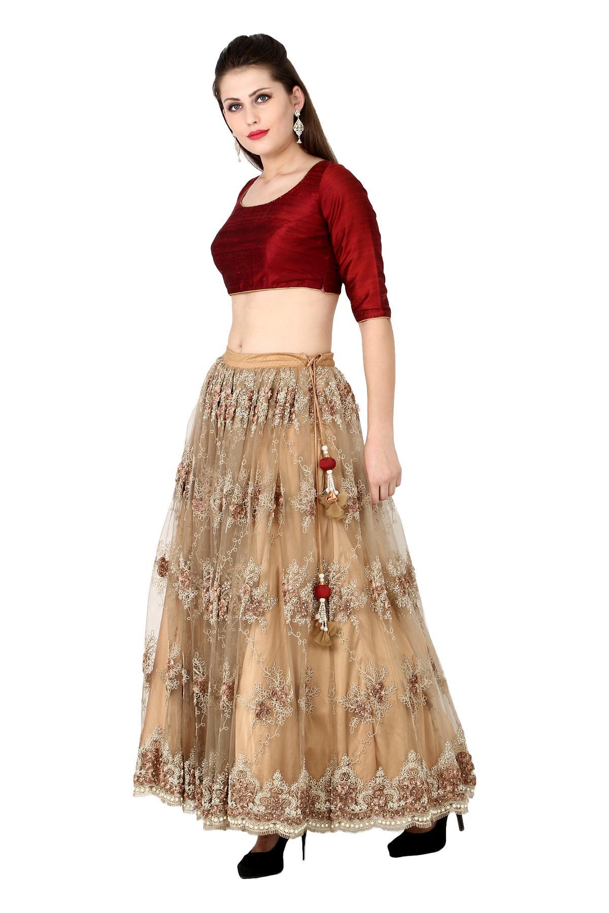 Pale Gold Classic Lehenga Set with Embroidery and Contrast Deep Red Blouse  - Seasons India