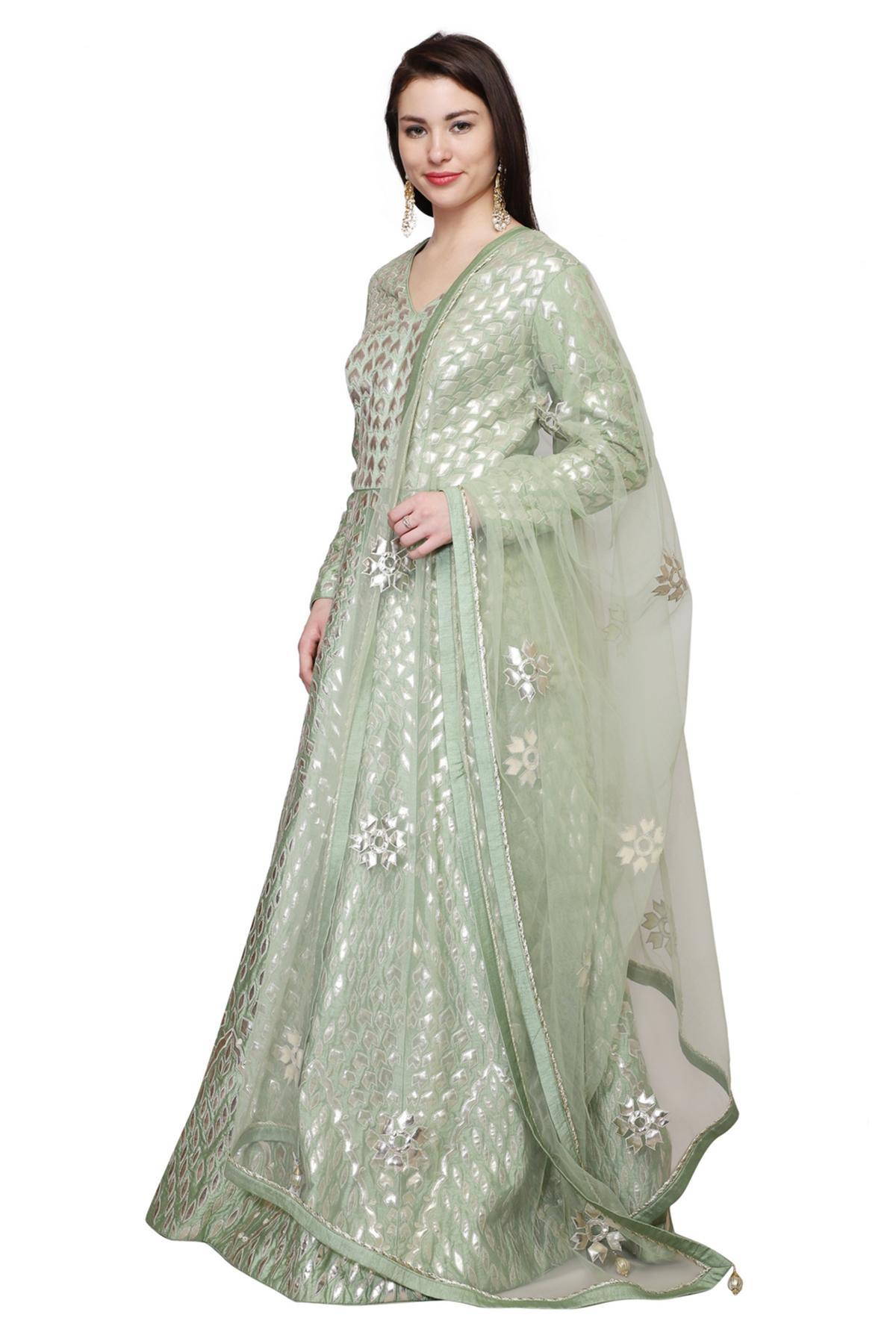 green emerald velvet dress Women's Pista Green Anarkali Suit Set- 3Pc Set main image 1