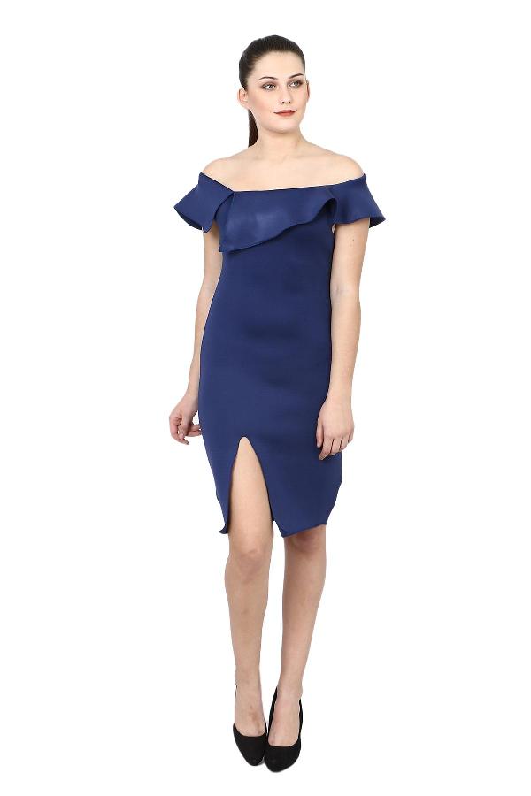 Electric Blue Off-shoulder solid blue dress by Ruviero Apparels