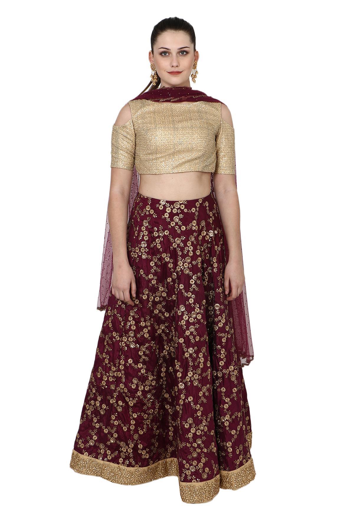 Sangeet Lehengas - Deep Wine Golden Embroidered Lehenga and Bluse with a  Beige Net Dupatta | … | Indian fashion, Indian wedding dress modern,  Dupatta draping styles