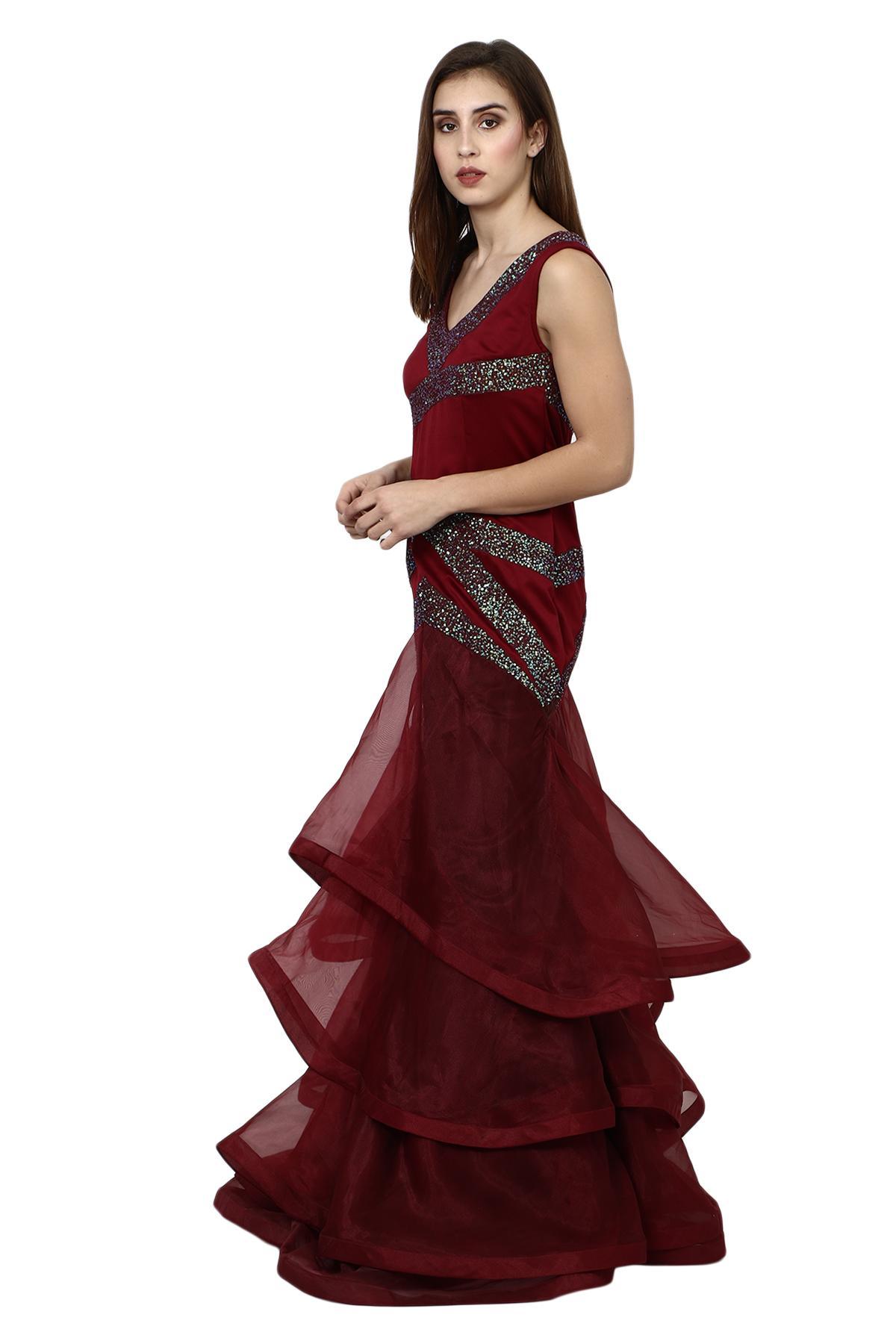 Maroon Maroon Multi layered Gown by Mouktika for rent online FLYROBE