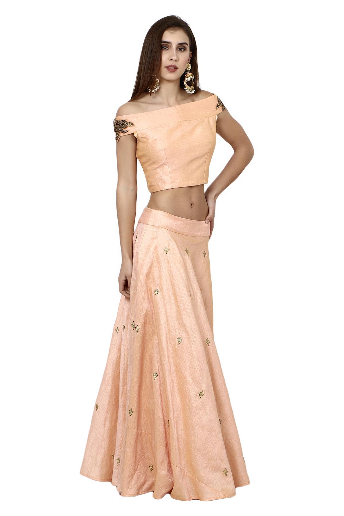 Peach Peach Crop Top With Skirt by Violet by Preeti Singhal for - Main Image