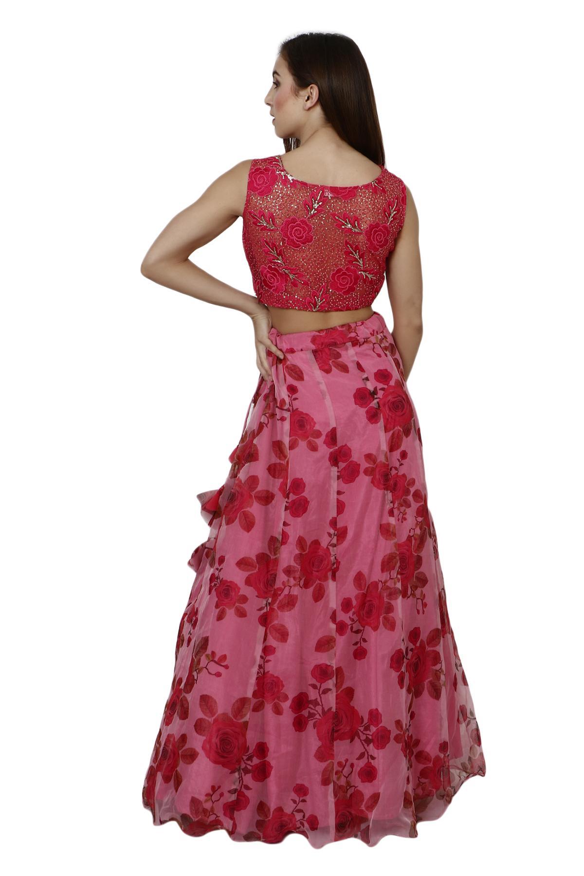 Shades of Pink Pink Floral Crop Top & Skirt by Aaina by aditi for rent  online