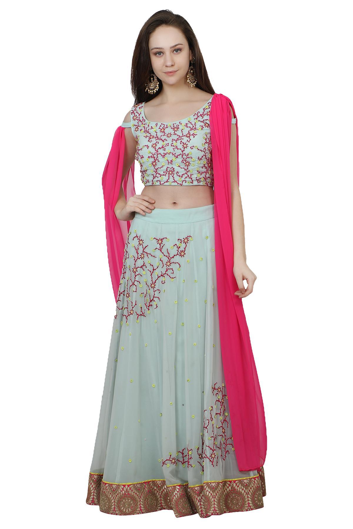 Occasion Wear Embroidered Pink And Sky Blue Color Sharara Top Lehenga In  Net Fabric