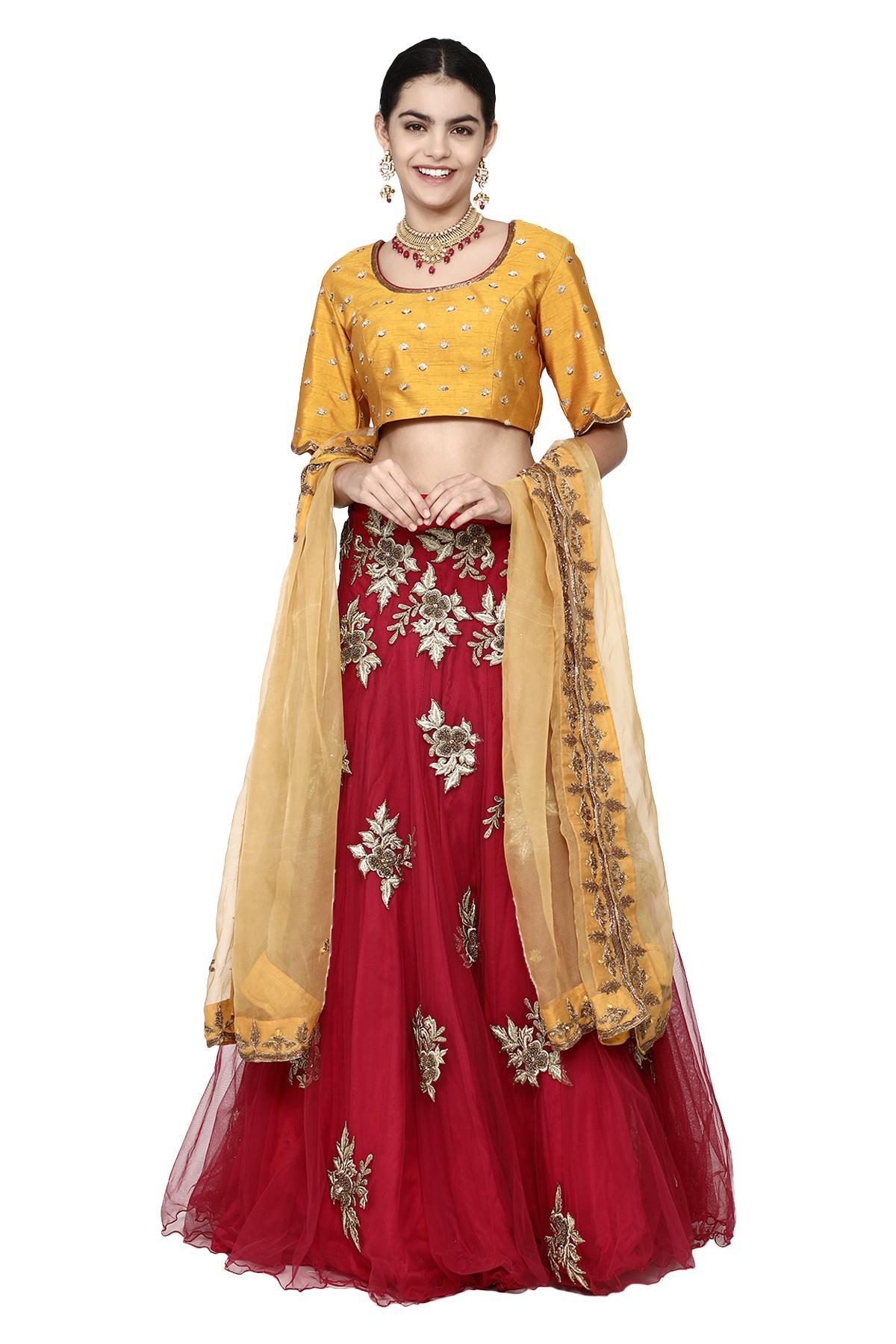 Buy Yellow Lehenga Satin Taffeta And Miriam Bridal Set For Women by Smriti  by Anju Agarwal Online at Aza Fashions.