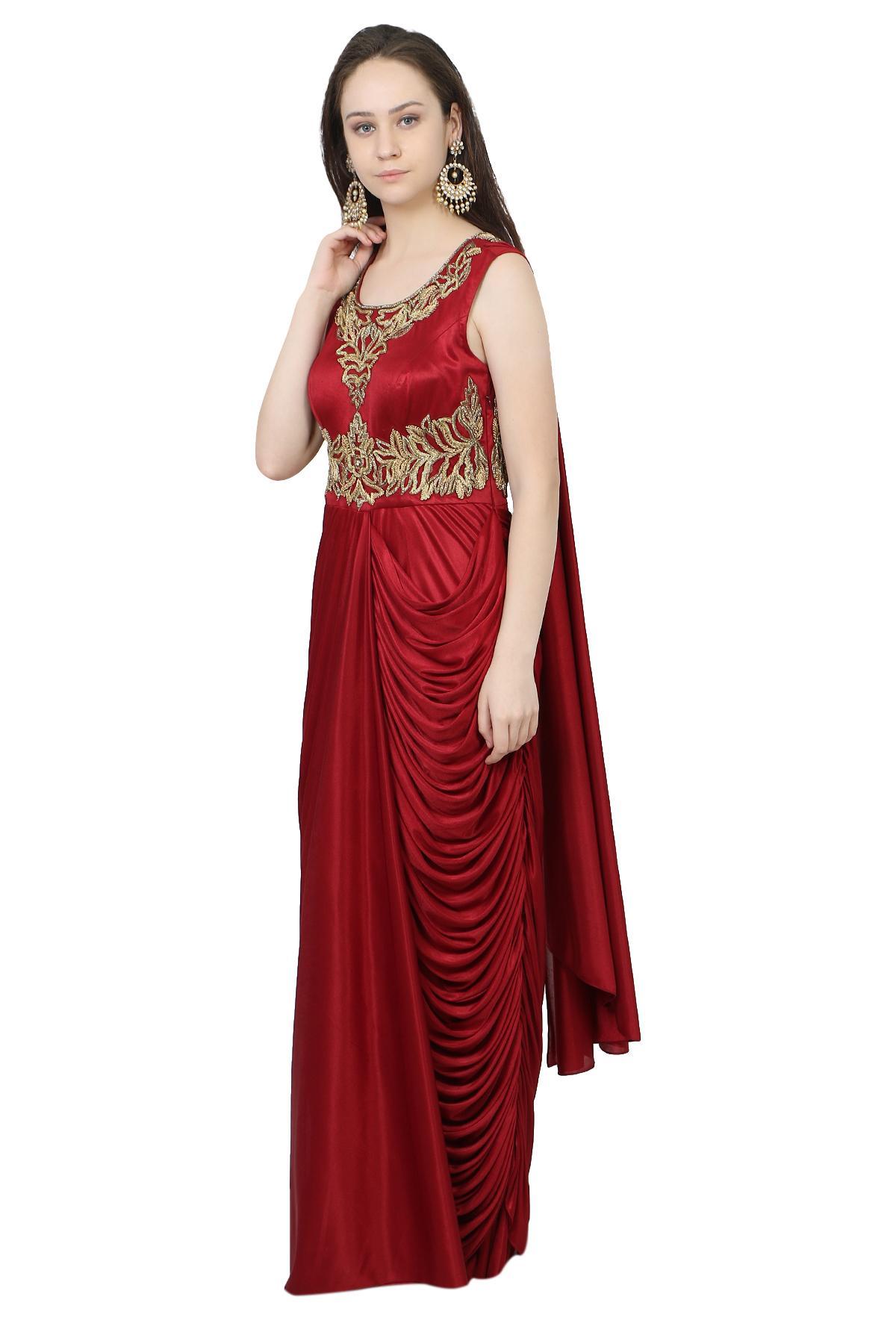 Maroon Maroon Drape Saree Gown by Nikunj Sharma for rent online