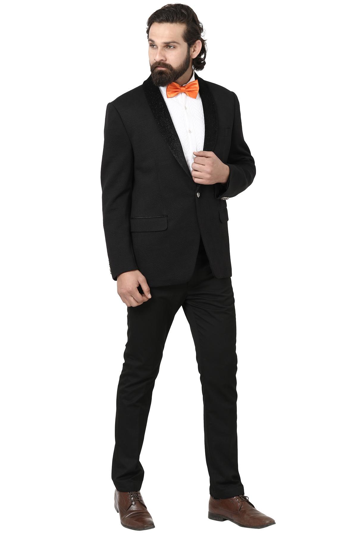 Black Shining Lapel Tuxedo In Black by Meridian for rent online | FLYROBE