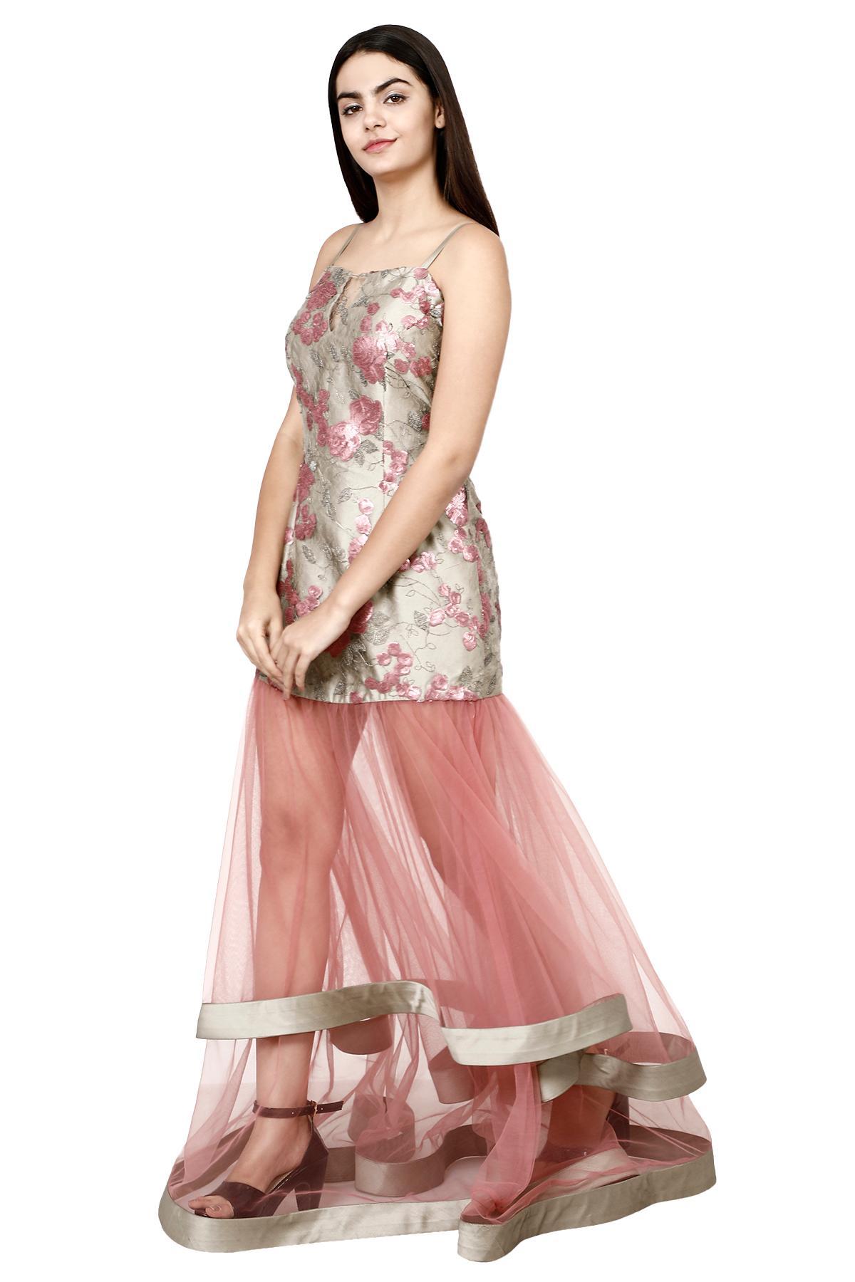 Buy Baby Pink & Rhino Grey Ombre Embroidered Gown with net dupatta For  Women Online