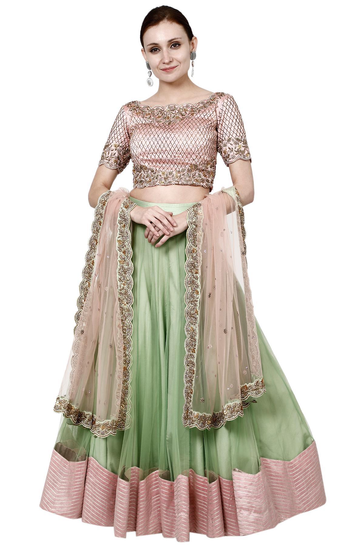 Buy Rose Pink and Light Sea Green Embroidered Lehenga Online in India  @Mohey - Mohey for Women