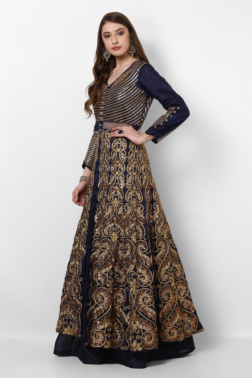 Turquoise Embroidery Slit Style Anarkali Lehenga - Vasu Sarees - 4052072