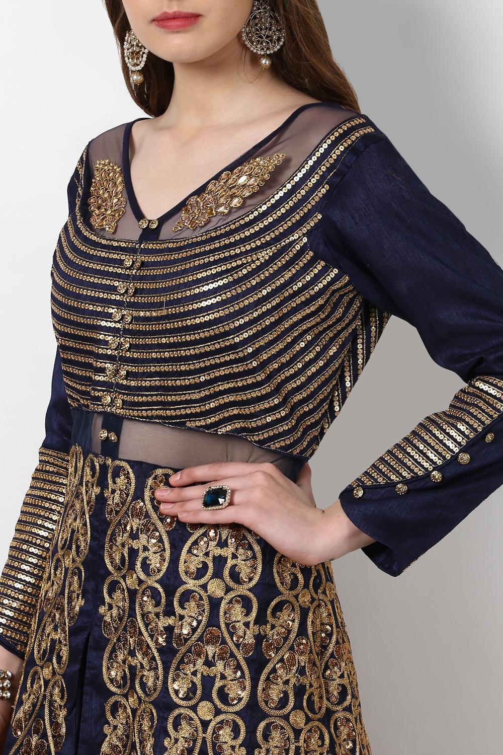 Beautiful Navy Blue Embroidered Lehenga & Jacket Style Anarkali
