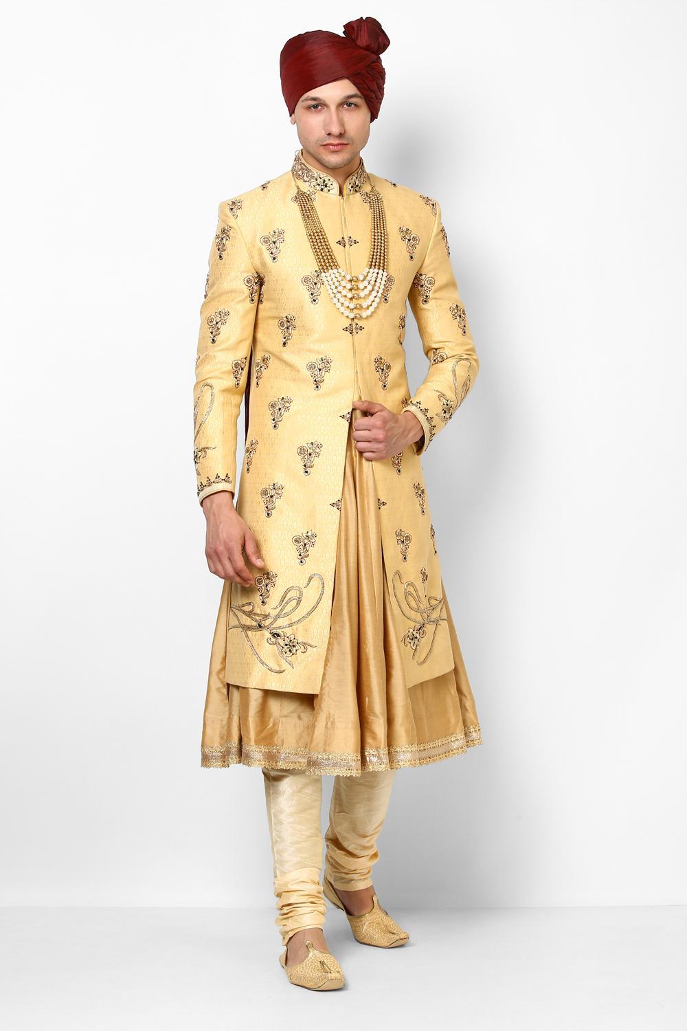 Cream The Royal Gold Shervani by HIS CLOSET for rent online | FLYROBE