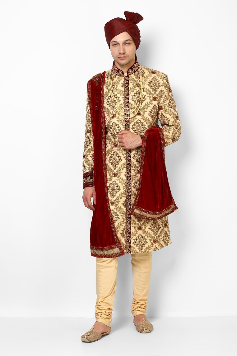 Gold Maroon Pastel Peach Embroidered Sherwani With Churidar by MANYAVAR for rent online FLYROBE