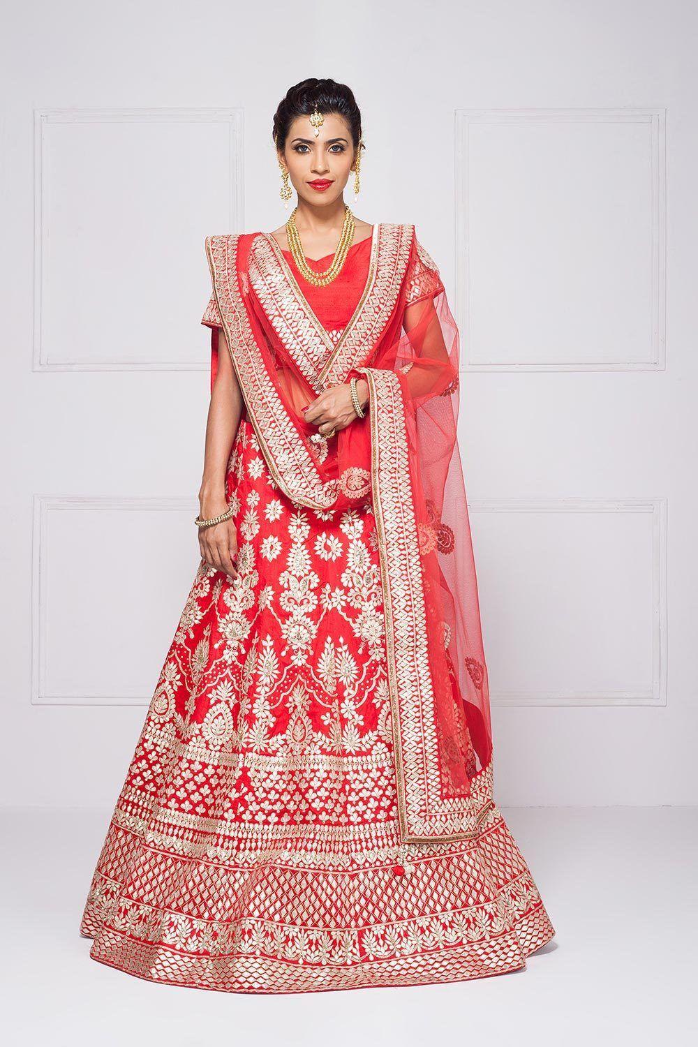 Silk Organza with zardozi embroidery Coral Red Wedding Lehenga – Panache  Haute Couture