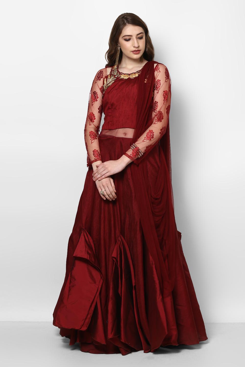 Maroon Maroon Draped Saree Gown by HER CLOSET for rent online ...