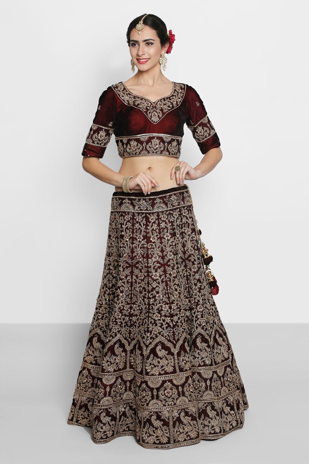 Maroon Kalidaar Silk Velvet Lehenga Choli With Dupatta - Zakarto