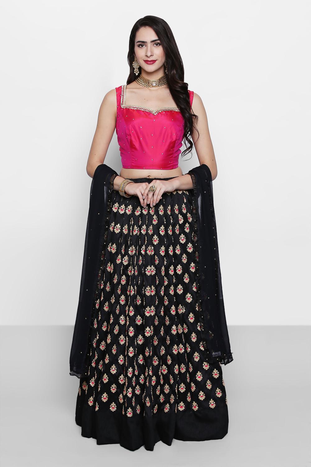 Buy Shloka Sudhakar Black Soft Silk Satin Embroidered Lehenga Set Online |  Aza Fashions