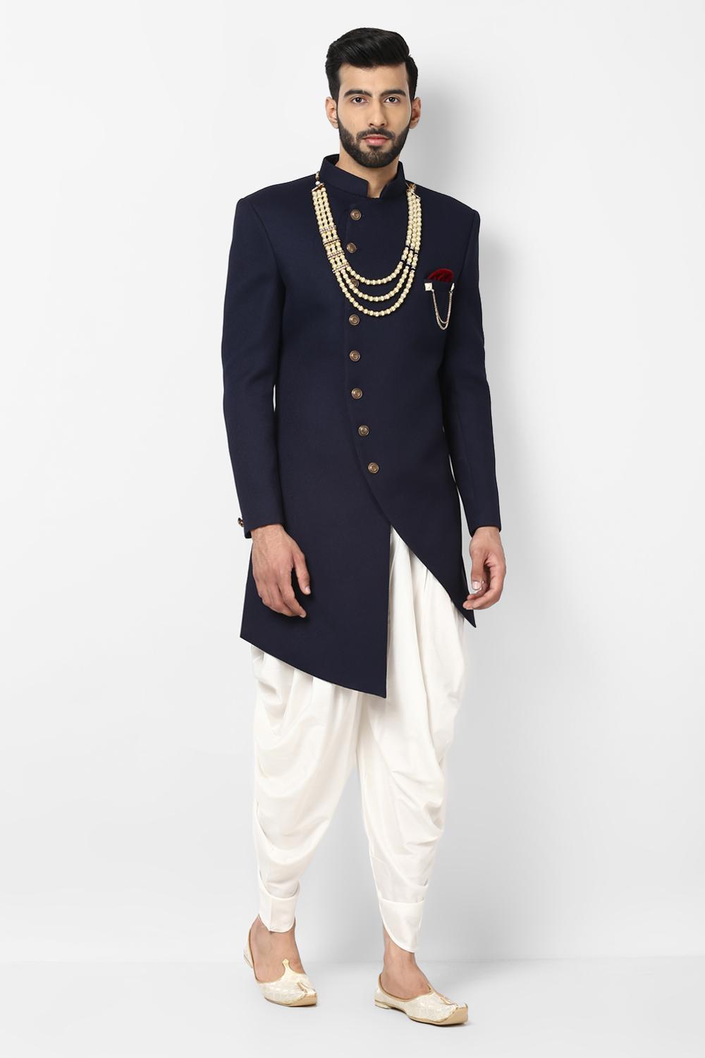 Navy Blue Navy Blue Indo-Western Sherwani With Peshawari by