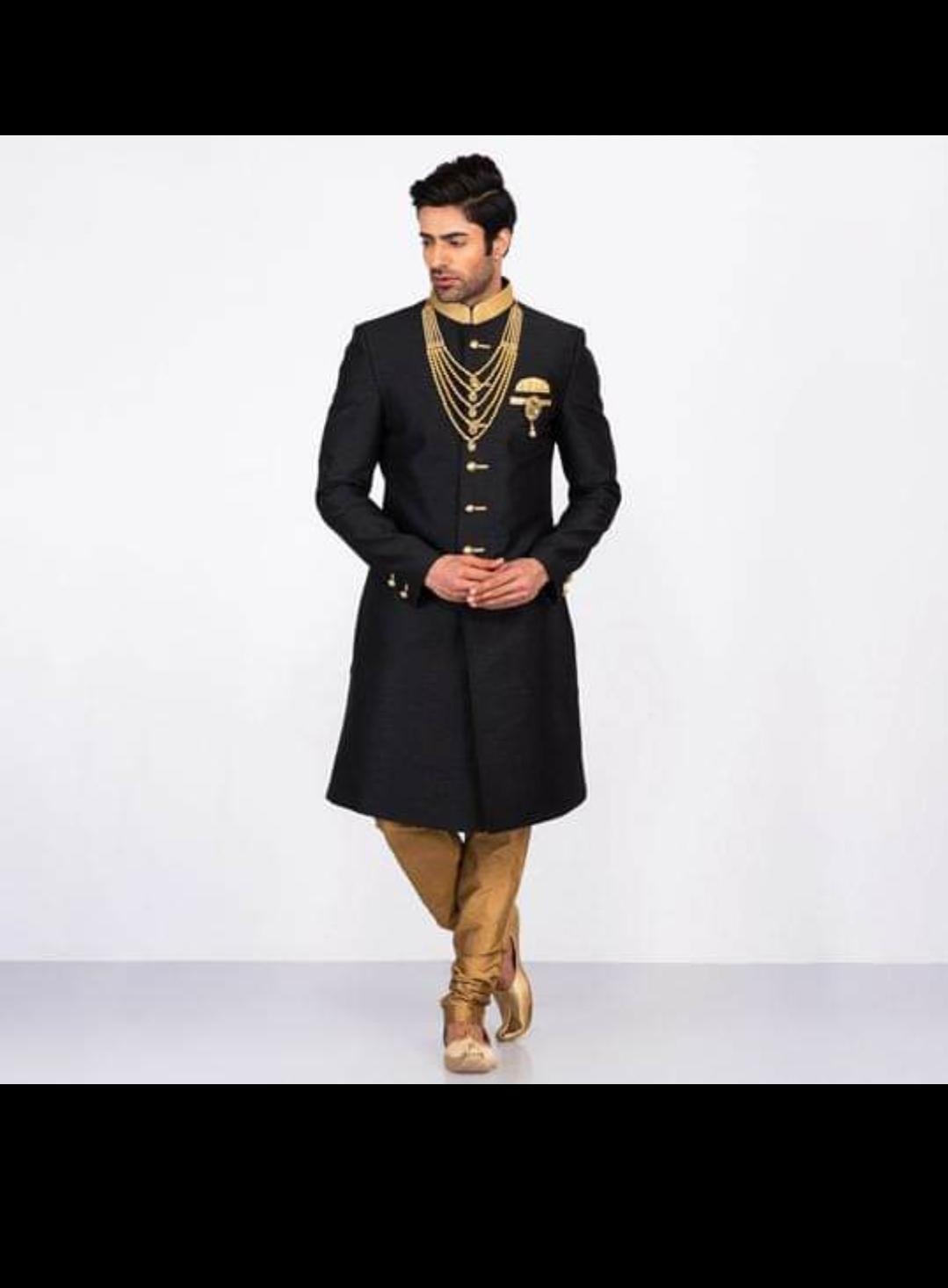 Black Black Silk Achkan With Antique Gold Churidar by MFS for rent ...