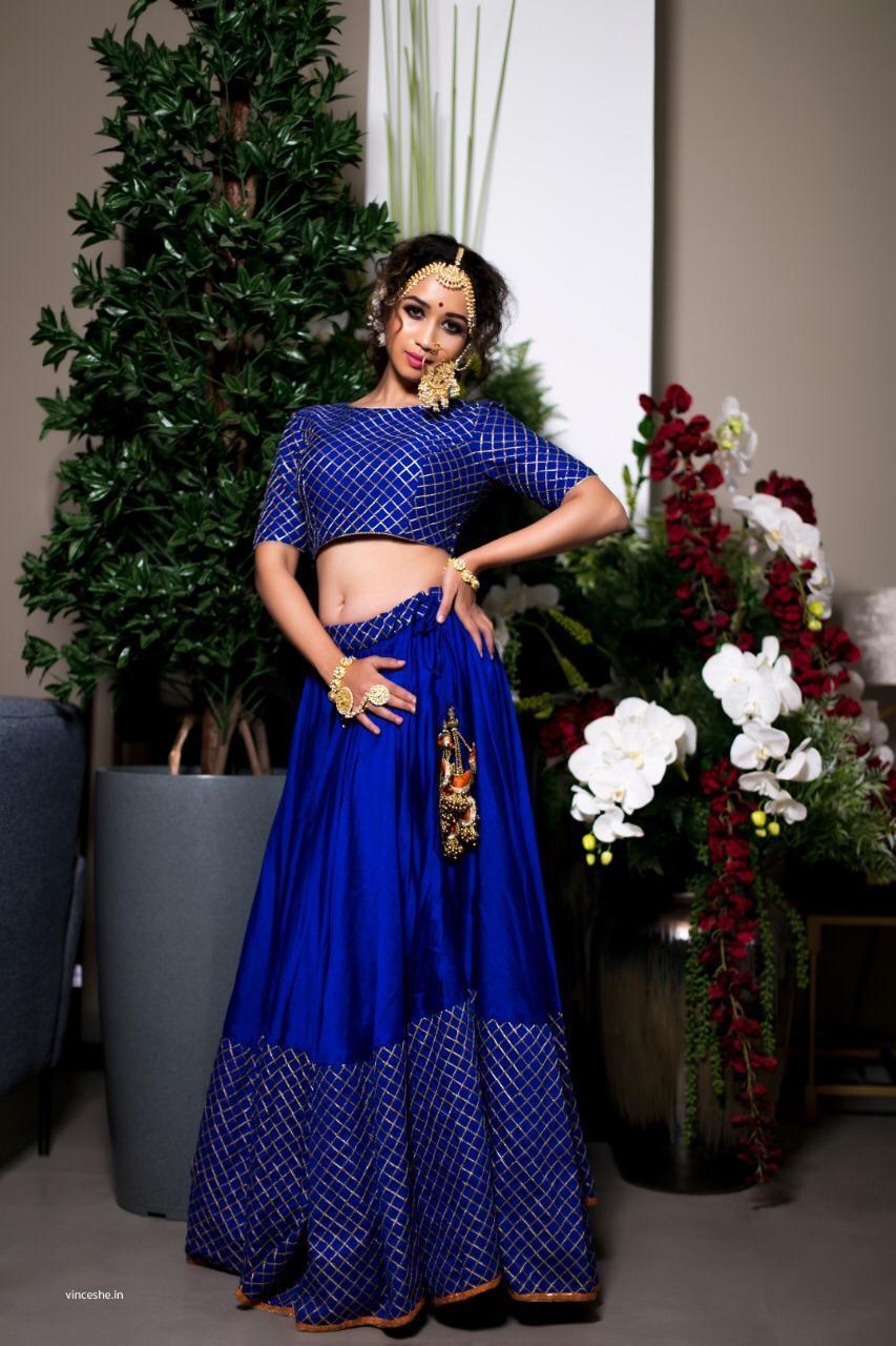 Lavanya The Label Navy Blue & Brown Printed Ready to Wear Lehenga & Blouse  With Dupatta - Absolutely Desi