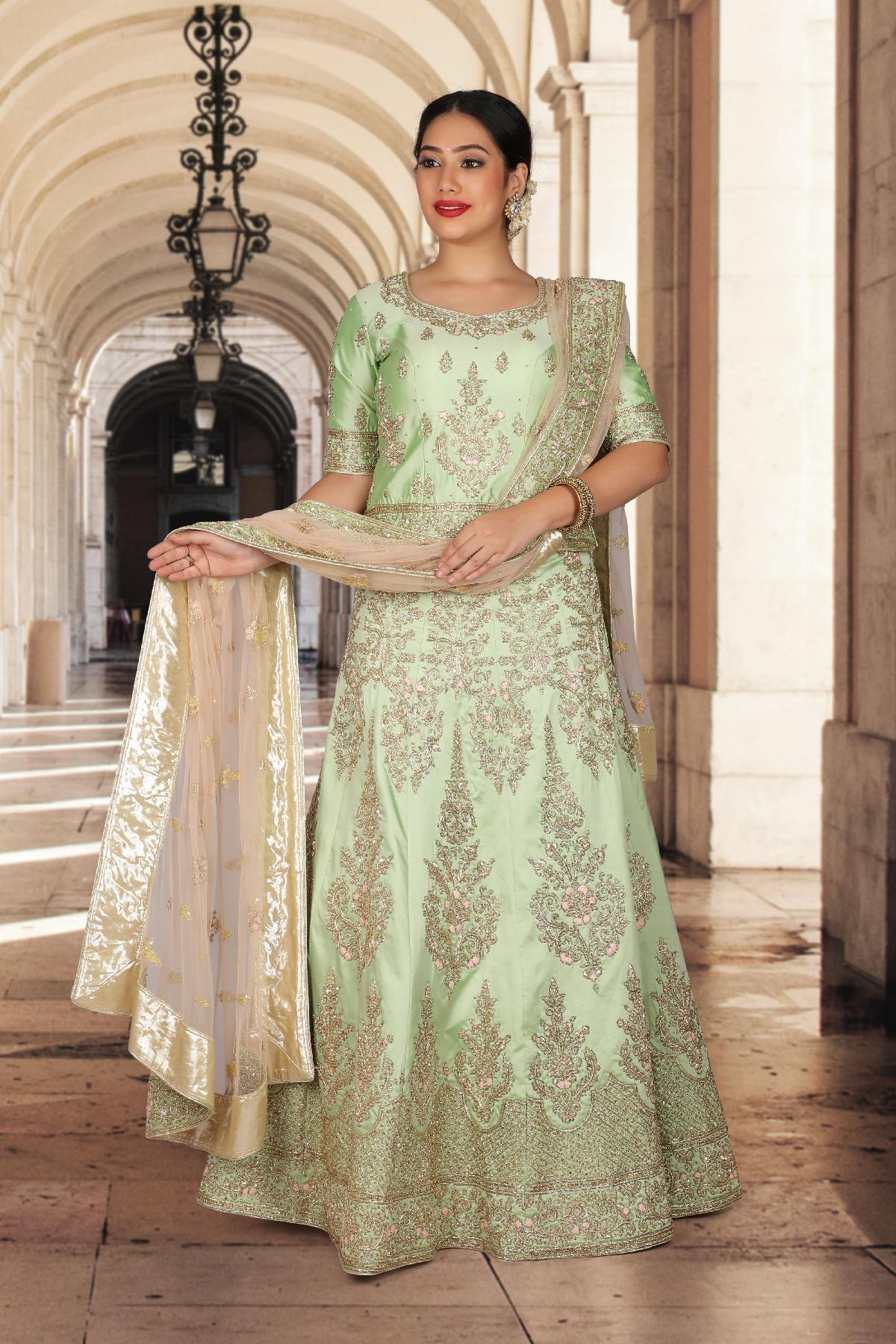 Buy Peach and Mint Green Embroidered Designer Lehenga Online in USA – Pure  Elegance