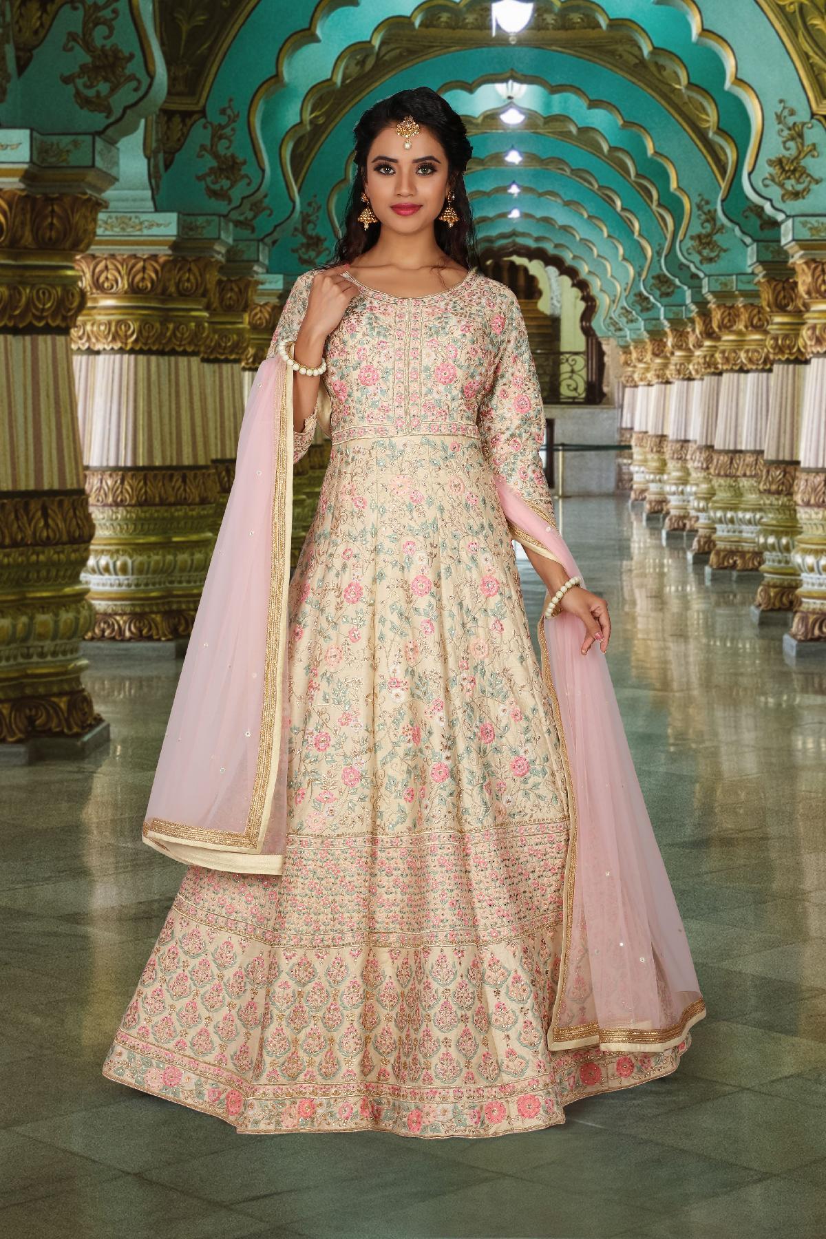 Cream Cream Ethnic Gown by Indian Poshakh for rent online | FLYROBE