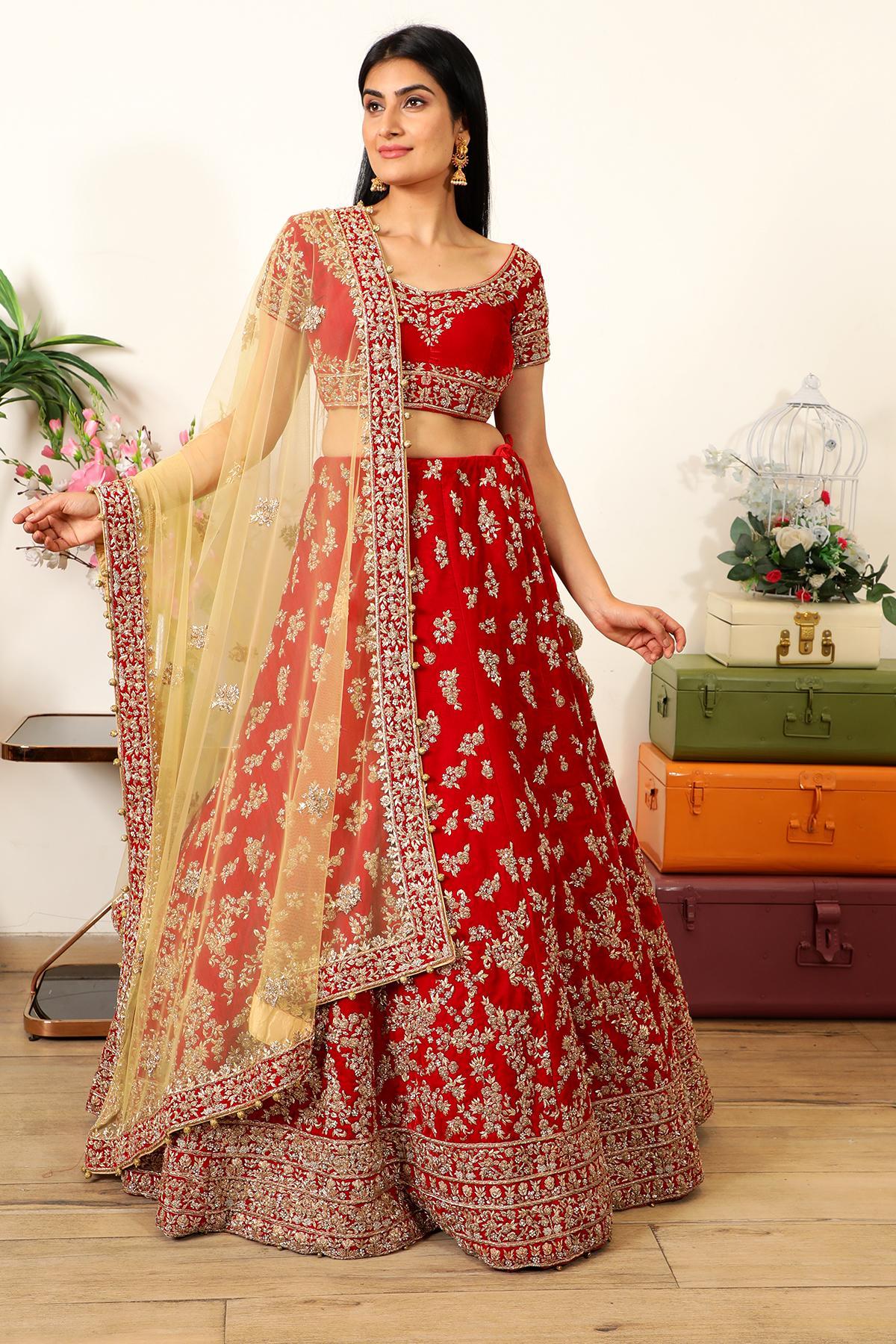 Beautiful Red & Beige Color Floral Embroidered Bridal Lehenga | Odhni –  ODHNI