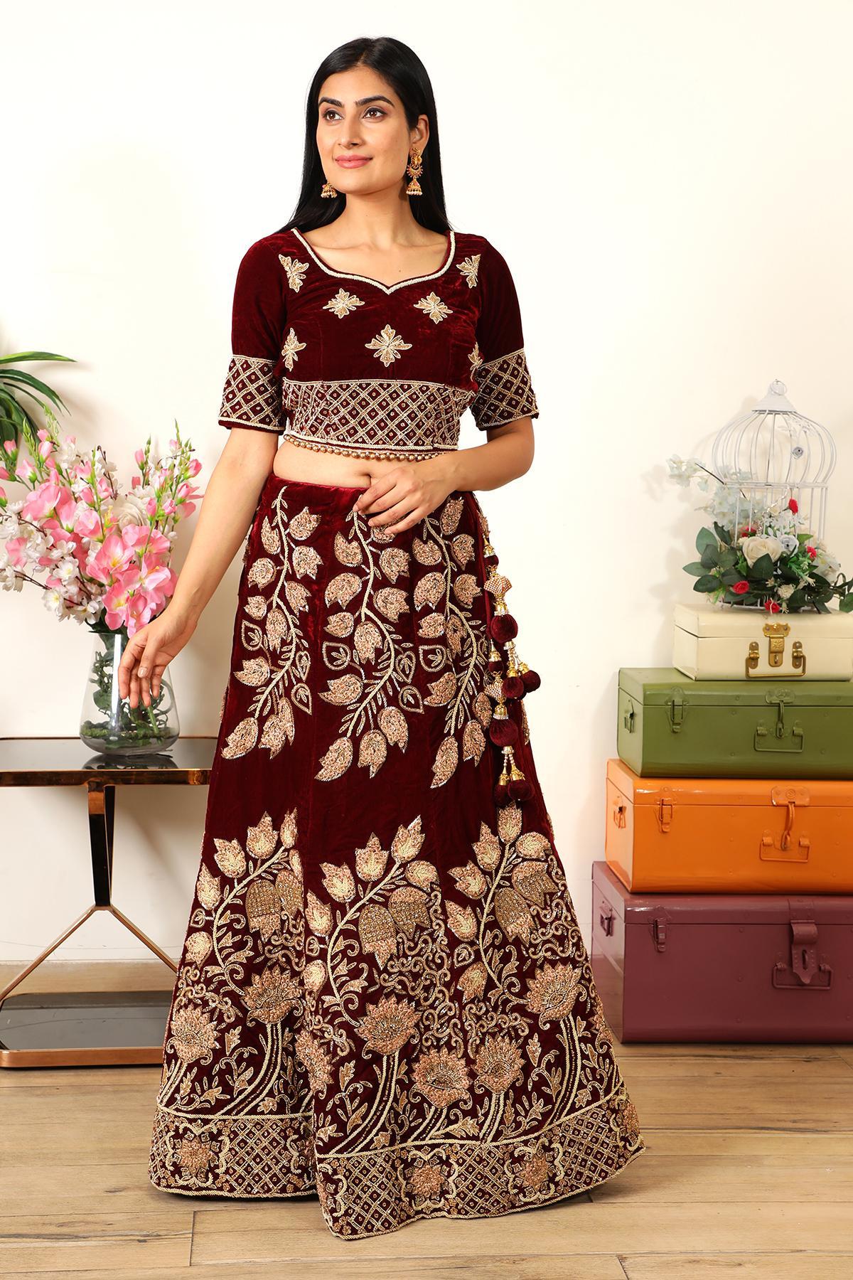 Designer This Wonderful Bishop-sleeve Crop Top and Maroon Lehenga Will Make  You Stand Out in Any Crowd and Wear in Weddings and Engagements. - Etsy