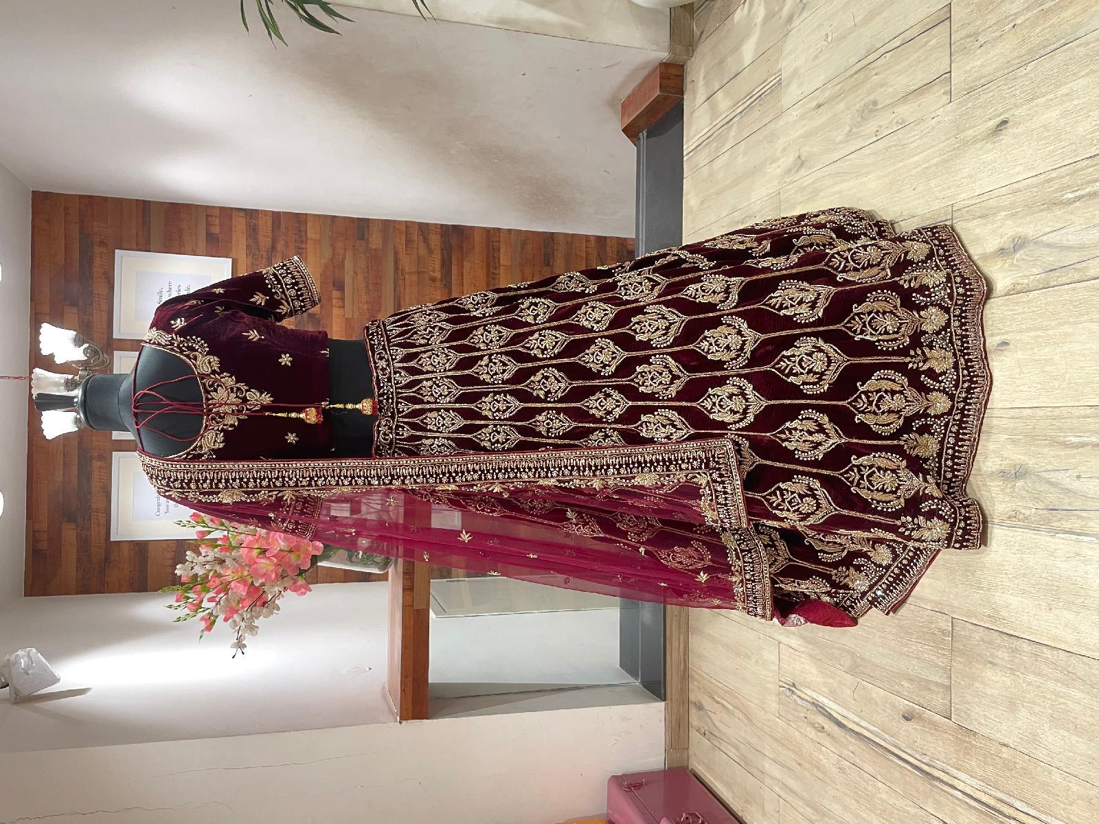 Burgundy Bridal Lehenga with velvet dupatta by Mehendi Green Lehenga with  contrast dupatta