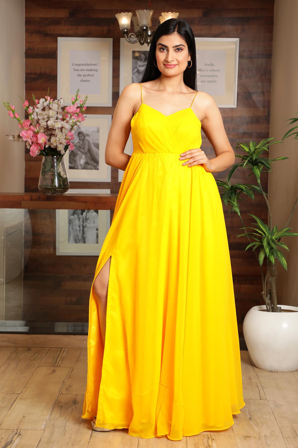 Buy Good Quality Party wear Yellow Gown or Dress Online for Women/Men/Kids  in India - Etashee