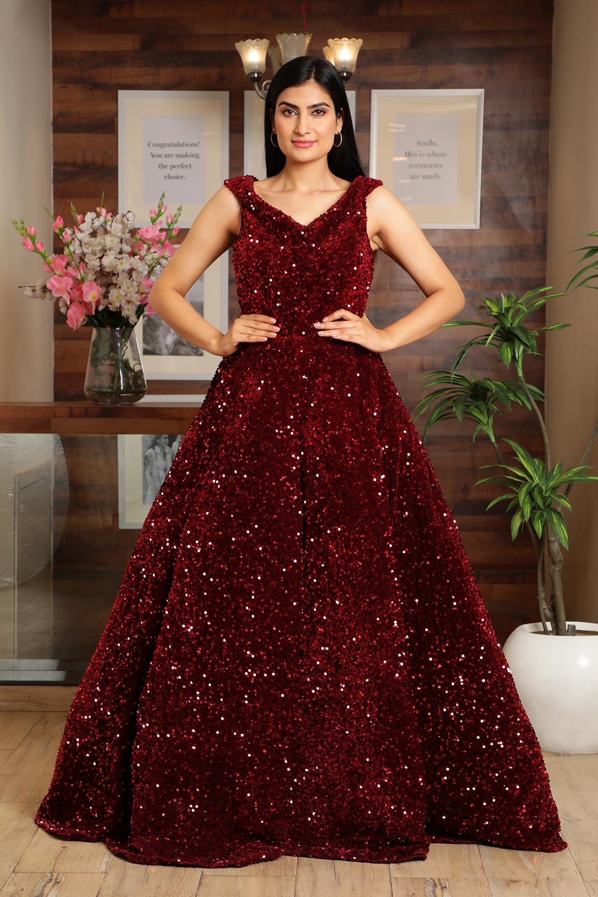 Red Embroidered Party Wear Ball Gown